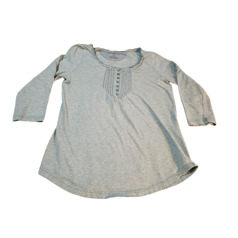 Eddie Bauer Womens Shirt S Gray Quarter Sleeve Pleated Bib Henley Pullover